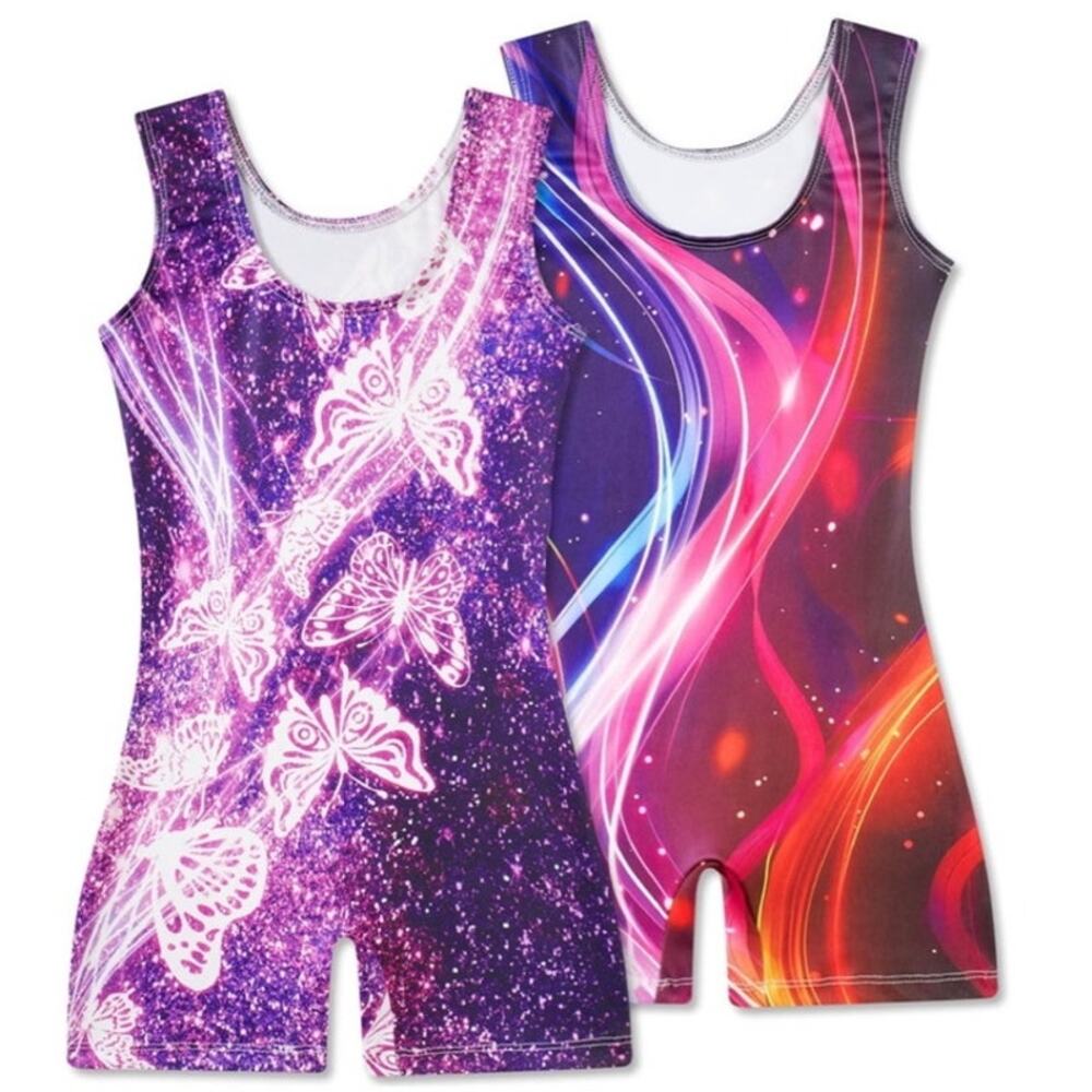 NWT ~ 2 Pack Girls Gymnastics Dance Leotards Shorts Sleeveless Tank ~ 7-8 Years